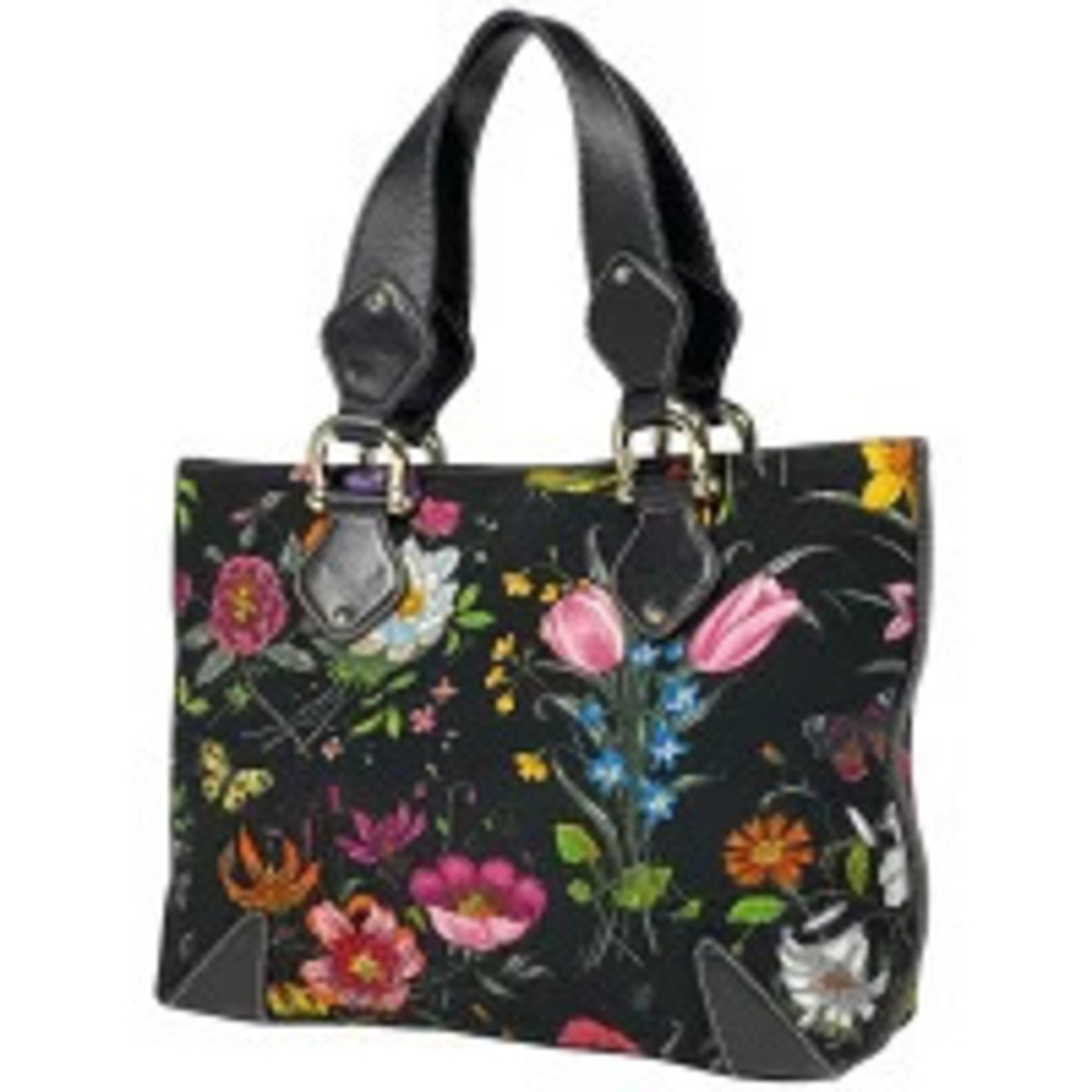 Gucci Flora Flower Tote Bag Handbag Canvas Black Multicolor